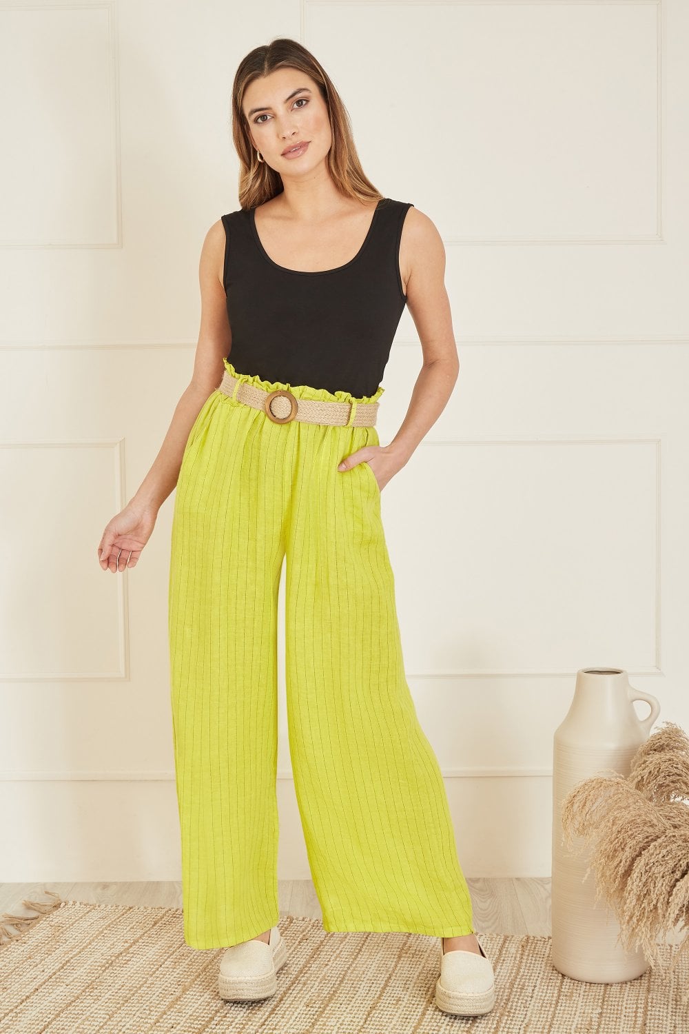 Yumi Lime Striped Italian Linen Wide Leg Trousers With Belt Yumi