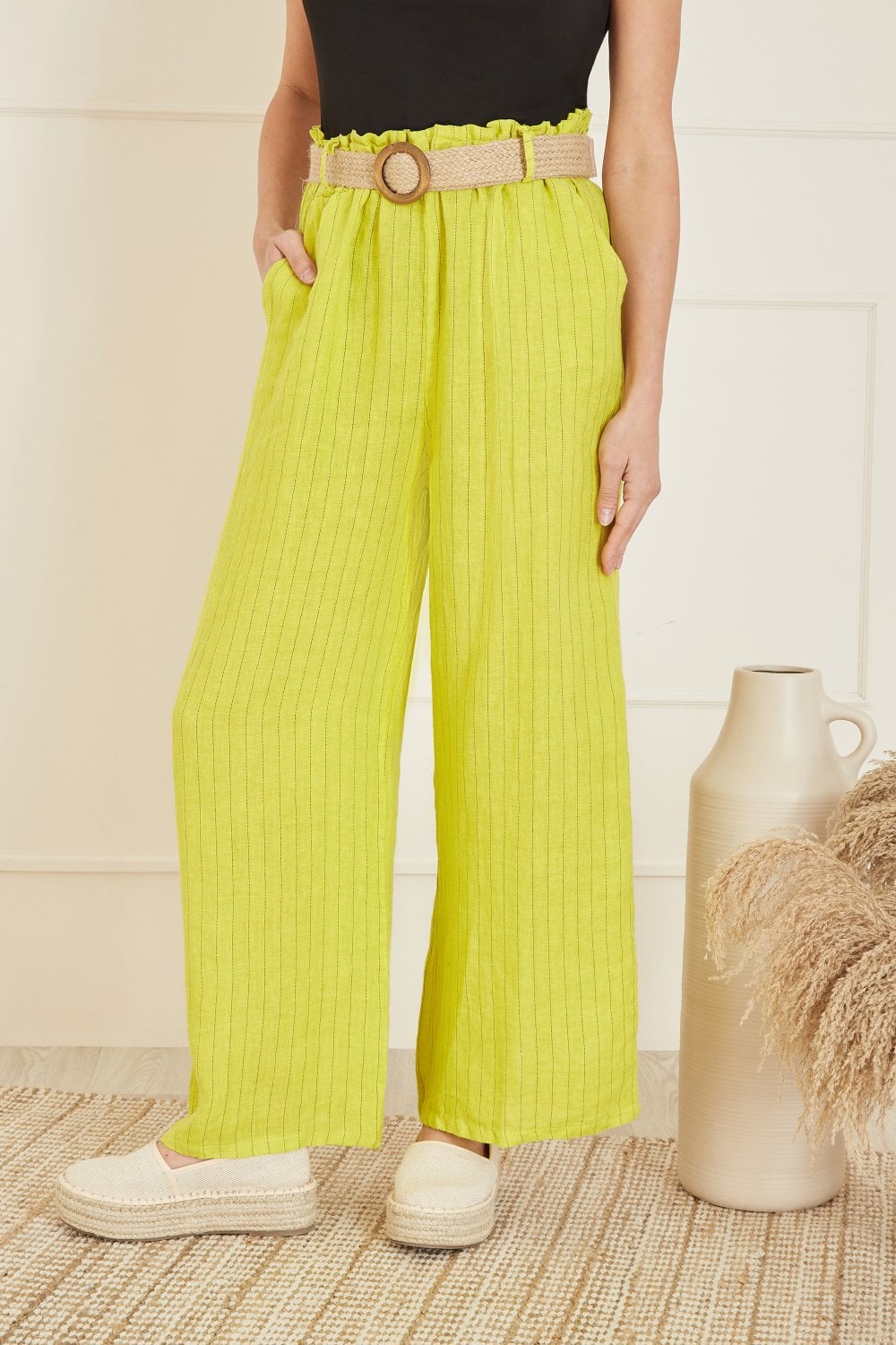 Yumi Lime Striped Italian Linen Wide Leg Trousers With Belt Yumi