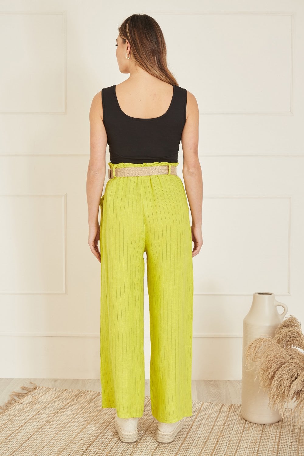 Yumi Lime Striped Italian Linen Wide Leg Trousers With Belt Yumi