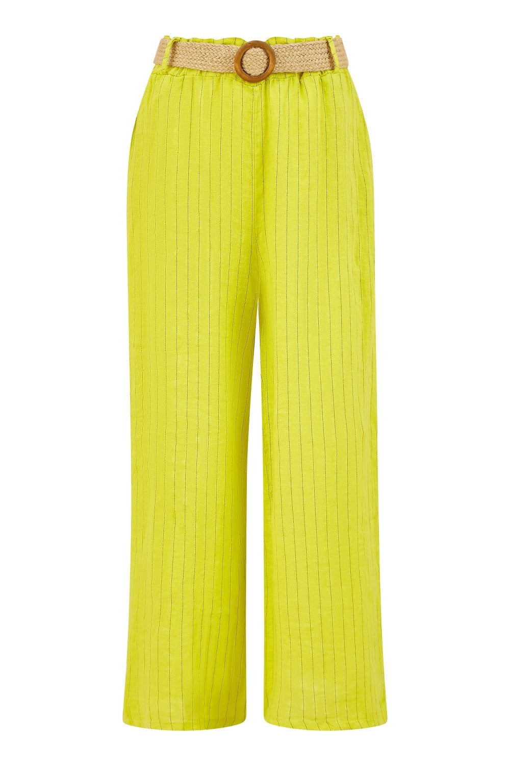 Yumi Lime Striped Italian Linen Wide Leg Trousers With Belt Yumi