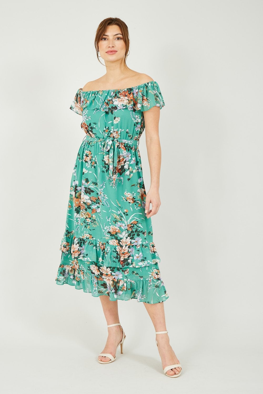 Yumi Mint Floral Bardot Dress Yumi