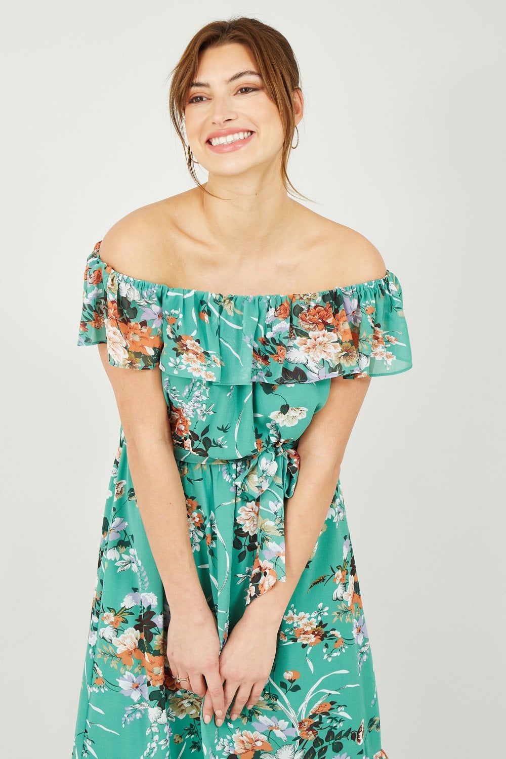 Yumi Mint Floral Bardot Dress Yumi