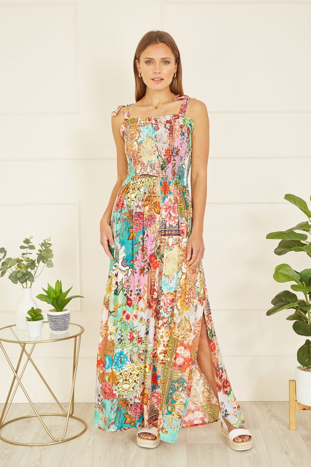 Yumi Multicolour Patchwork Split Hem Maxi Dress With Tie Straps Yumi