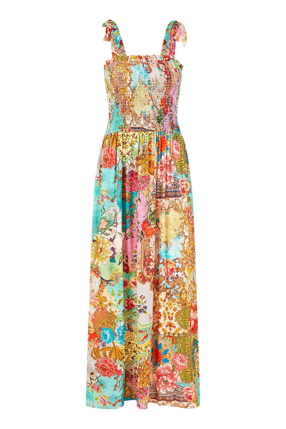 Yumi Multicolour Patchwork Split Hem Maxi Dress With Tie Straps Yumi