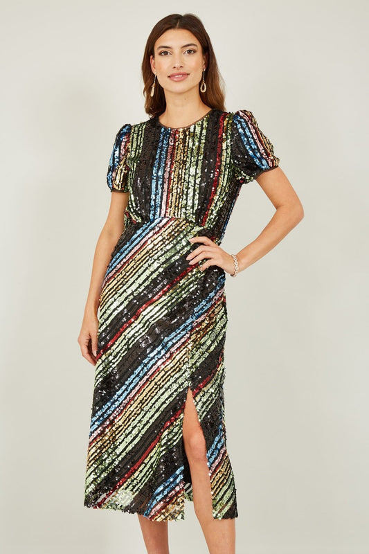 Yumi Multicolour Rainbow Stripe Sequin Midi Dress Yumi