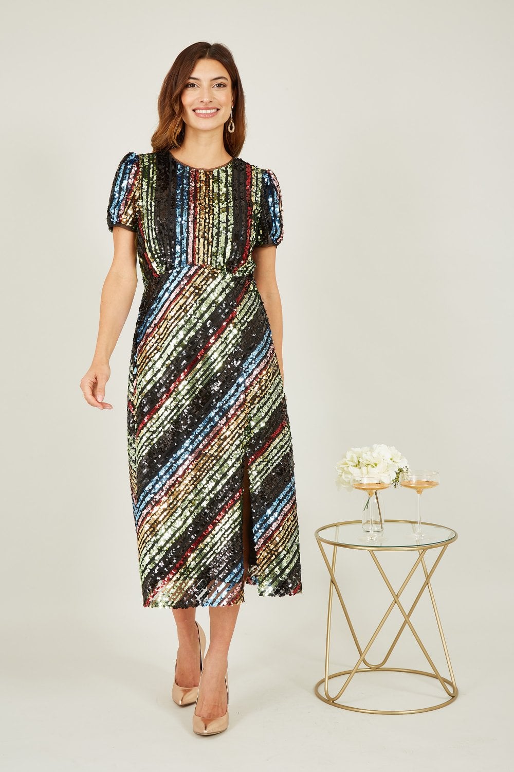 Yumi Multicolour Rainbow Stripe Sequin Midi Dress Yumi