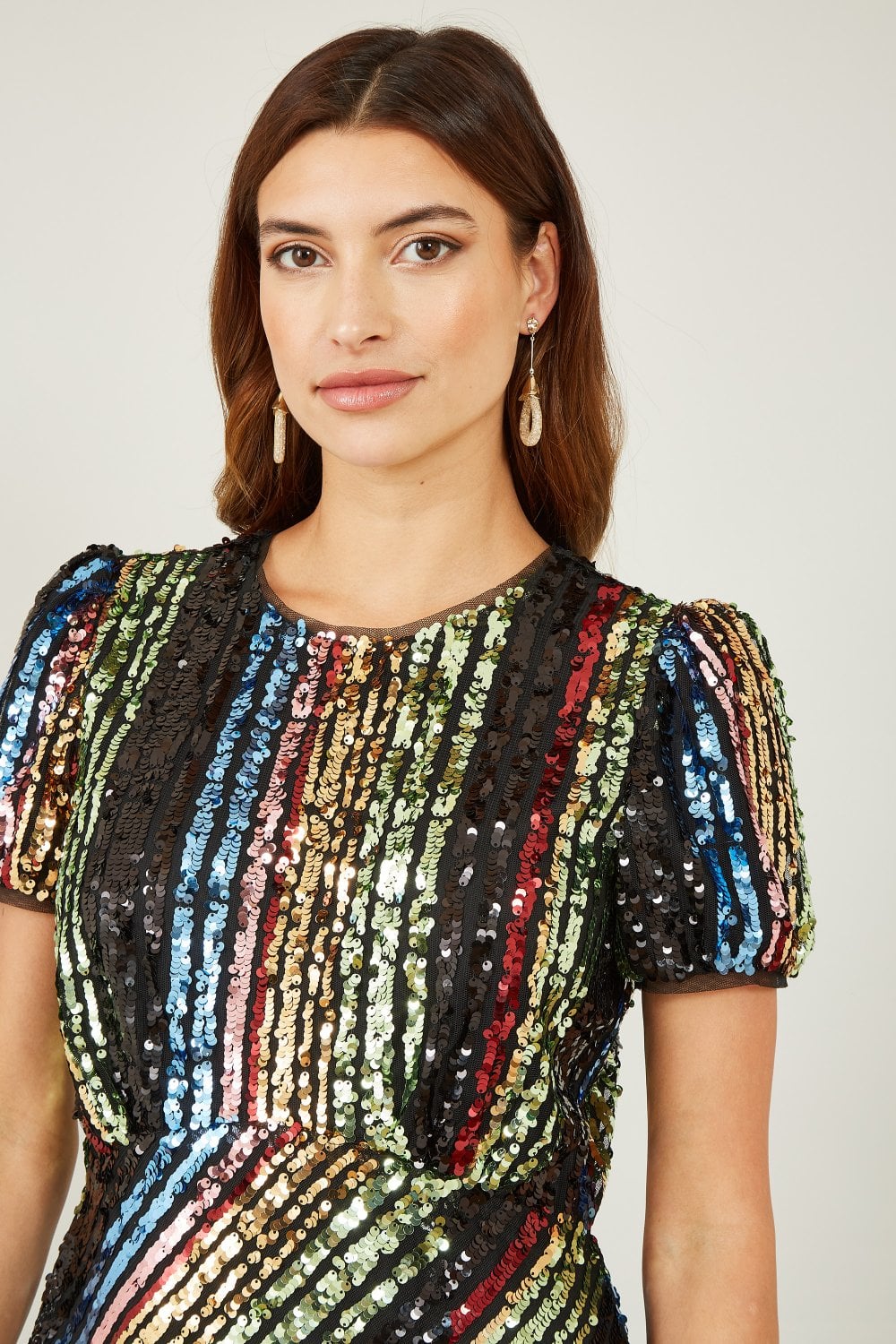 Yumi Multicolour Rainbow Stripe Sequin Midi Dress Yumi