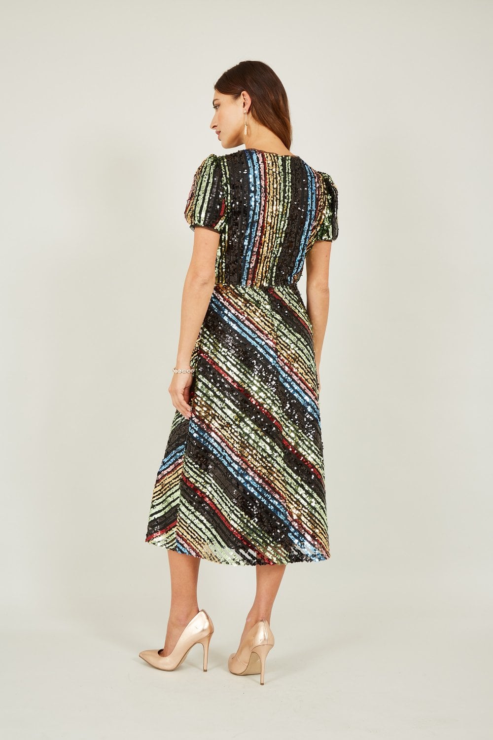 Yumi Multicolour Rainbow Stripe Sequin Midi Dress Yumi