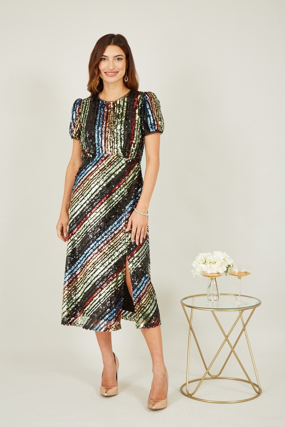 Yumi Multicolour Rainbow Stripe Sequin Midi Dress Yumi