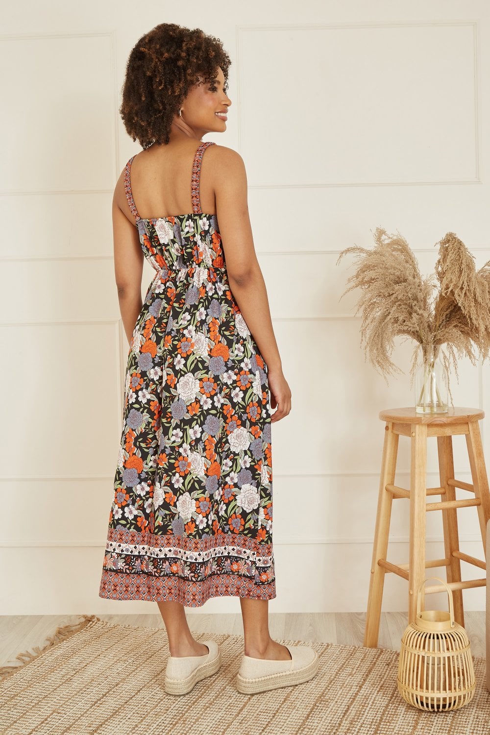 Yumi Multicolour Retro Floral Print Midi Sun Dress With Border Hem Yumi