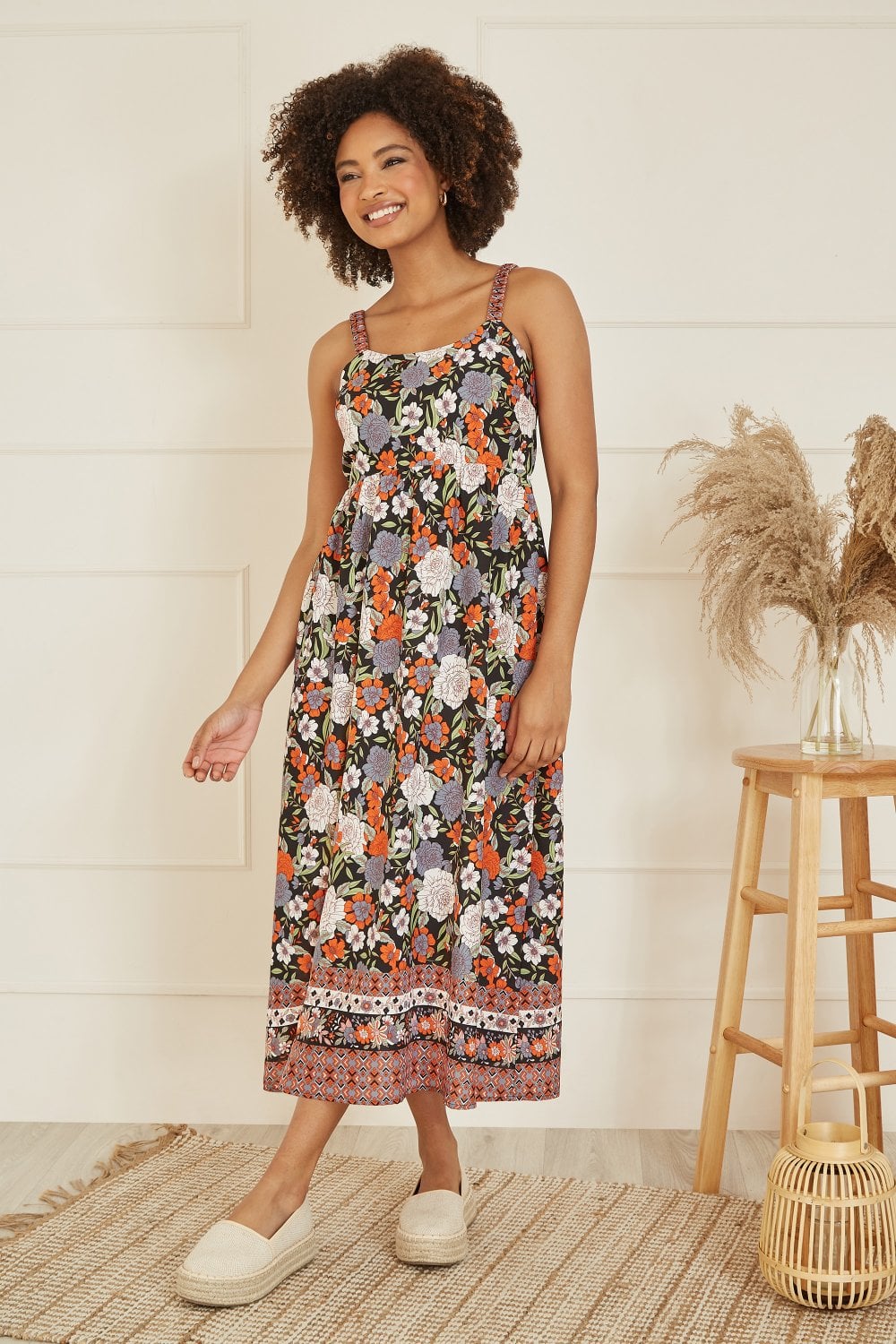 Yumi Multicolour Retro Floral Print Midi Sun Dress With Border Hem Yumi