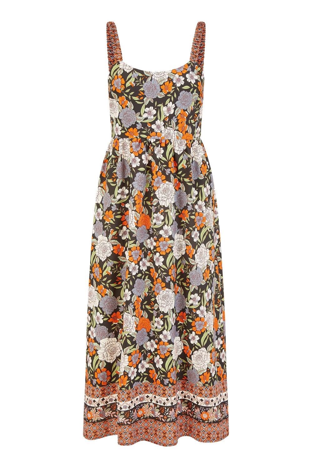 Yumi Multicolour Retro Floral Print Midi Sun Dress With Border Hem Yumi