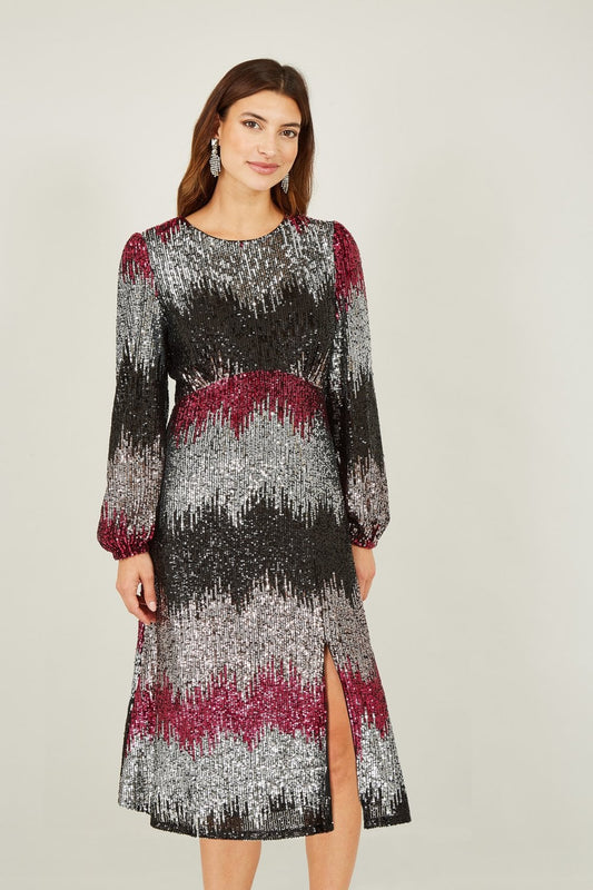 Yumi Multicolour Sequin Ombre Long Sleeve Midi Dress Yumi