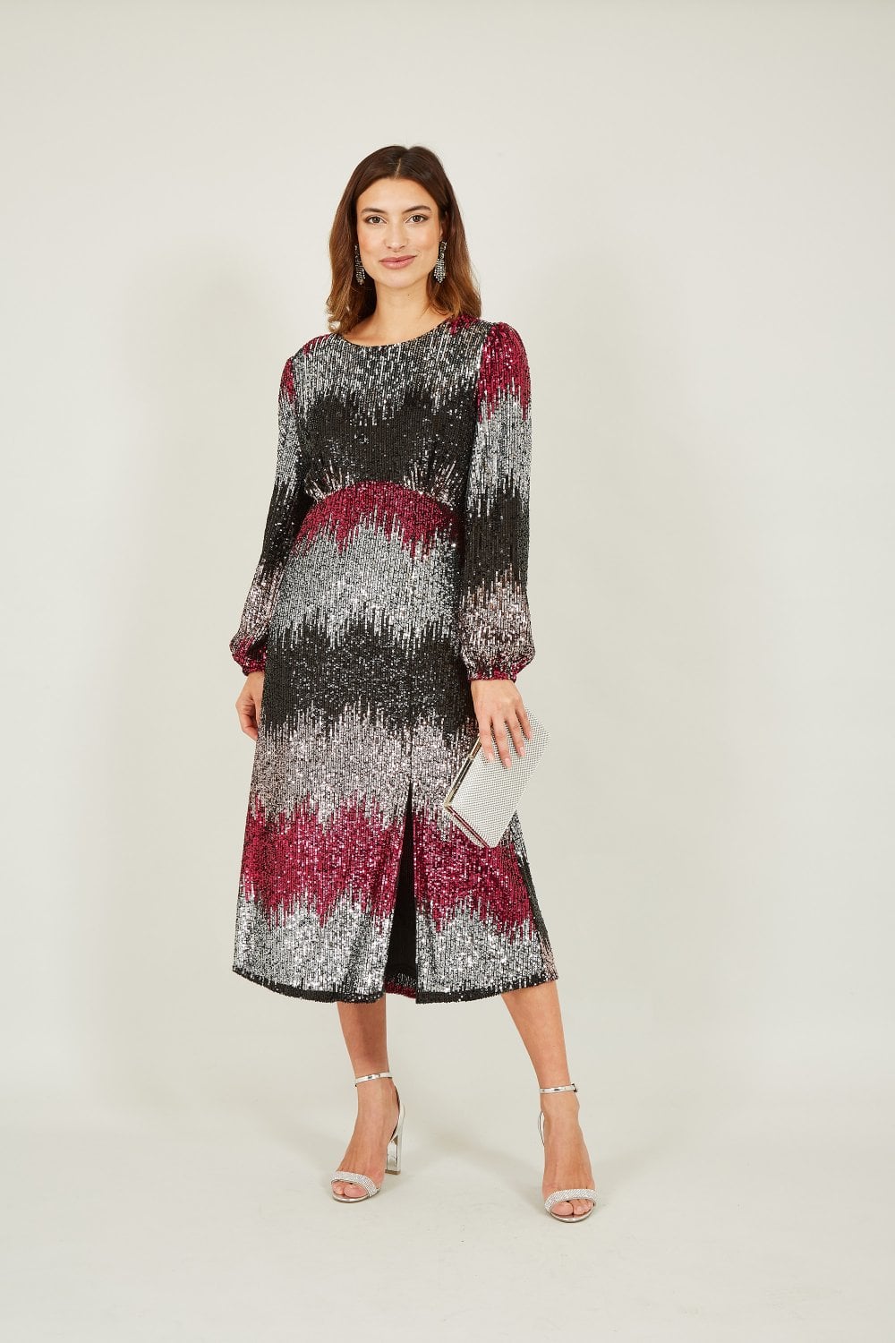 Yumi Multicolour Sequin Ombre Long Sleeve Midi Dress Yumi