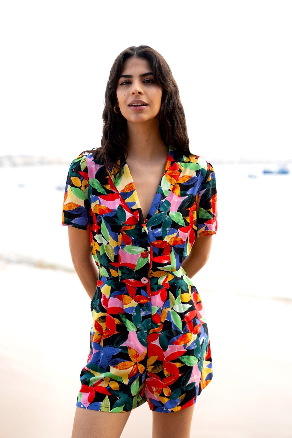 Yumi Multicolour Tropical Leaf Print Playsuit Yumi