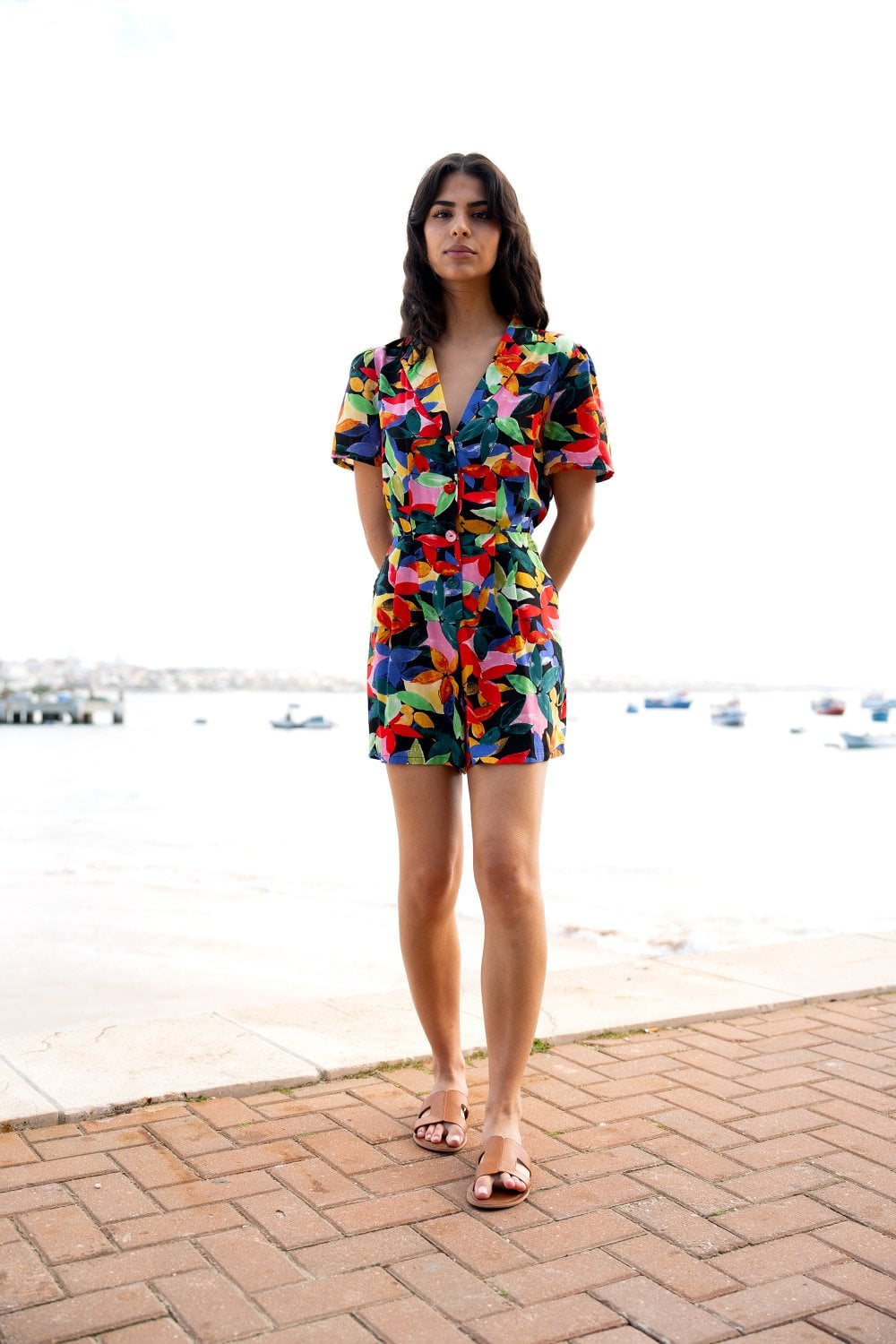 Yumi Multicolour Tropical Leaf Print Playsuit Yumi