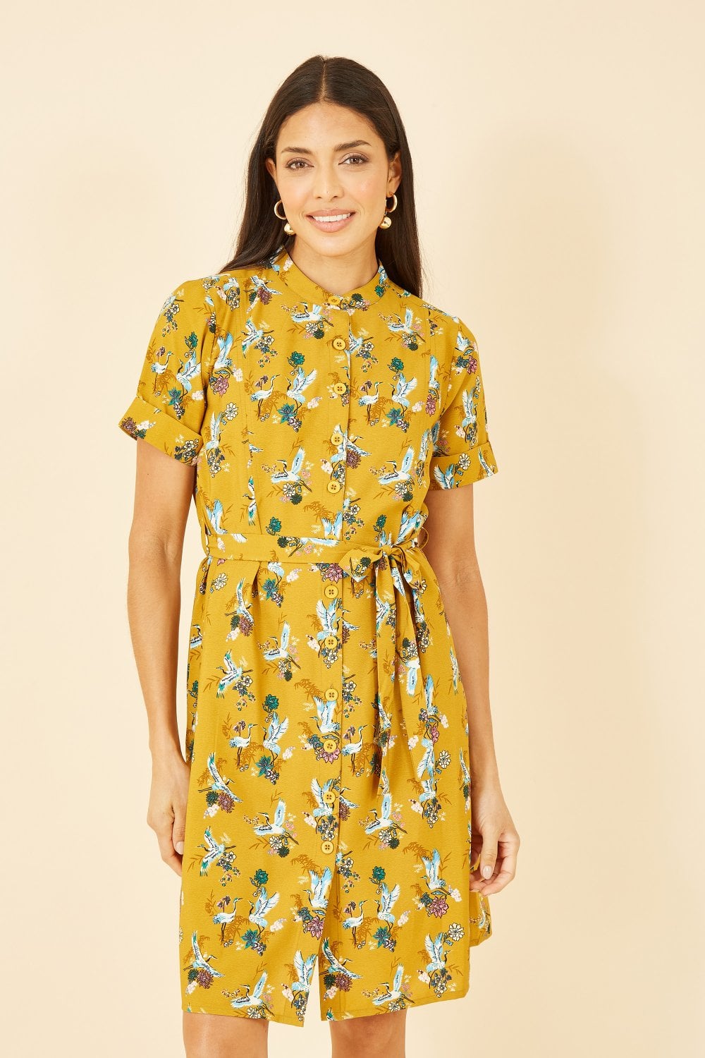 Yumi Mustard Crane Print Shirt Dress DRESS Yumi