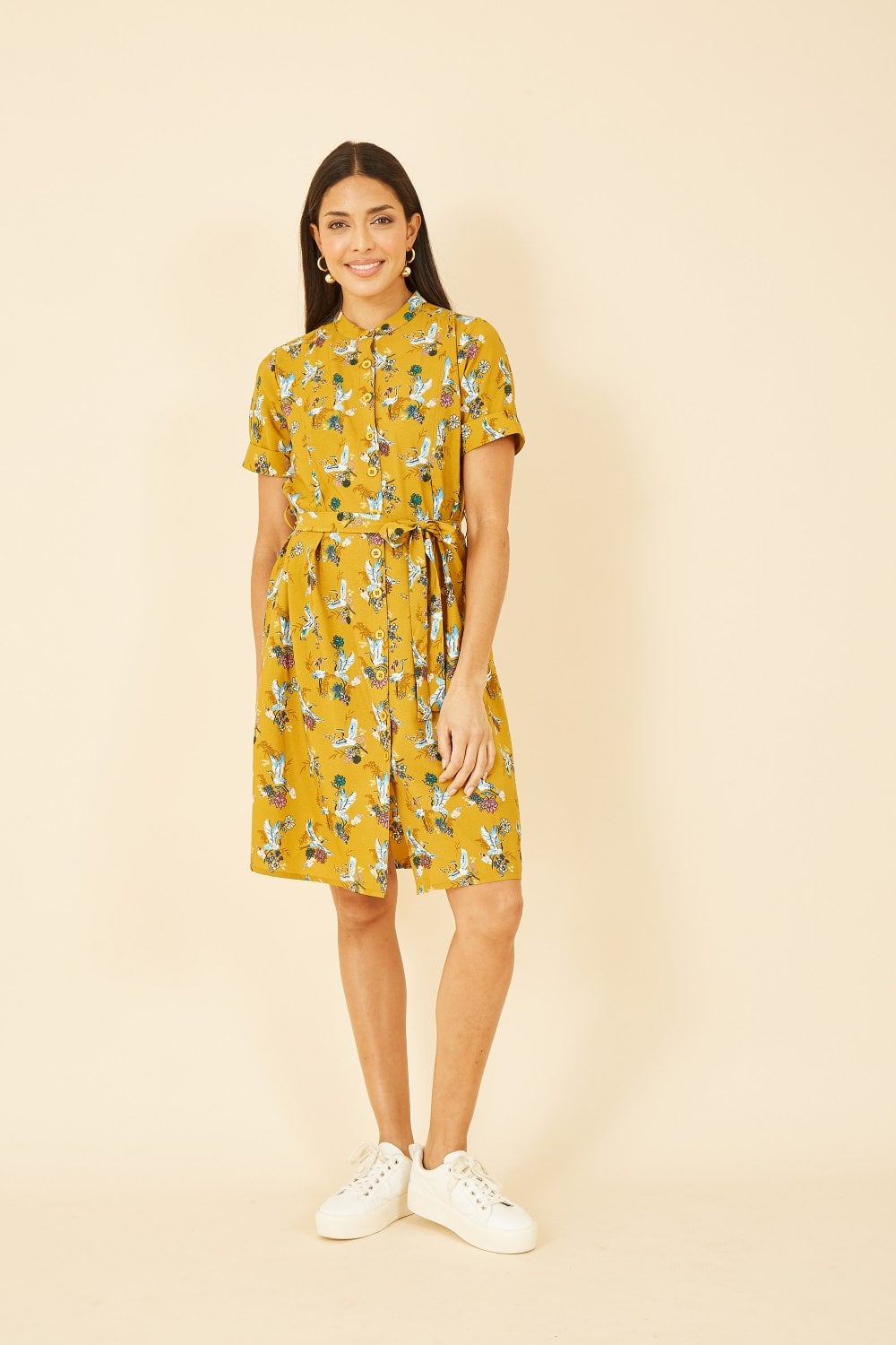 Yumi Mustard Crane Print Shirt Dress DRESS Yumi