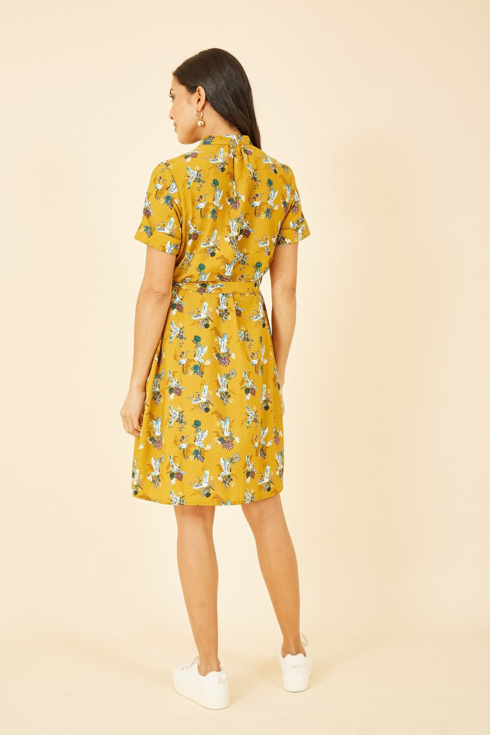 Yumi Mustard Crane Print Shirt Dress DRESS Yumi