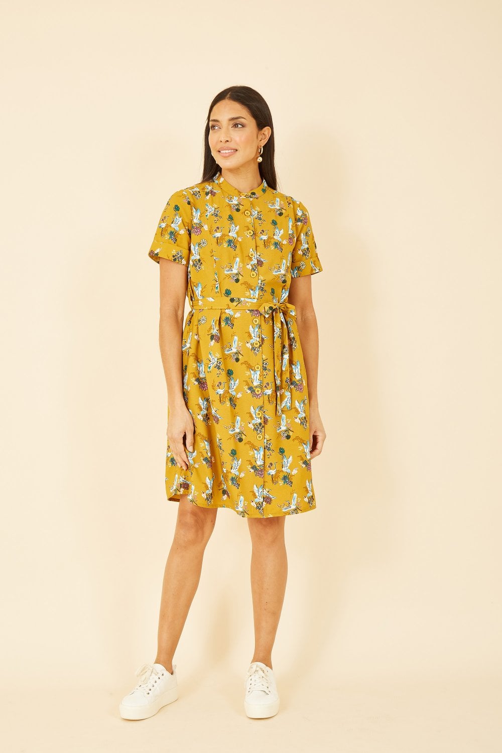 Yumi Mustard Crane Print Shirt Dress DRESS Yumi