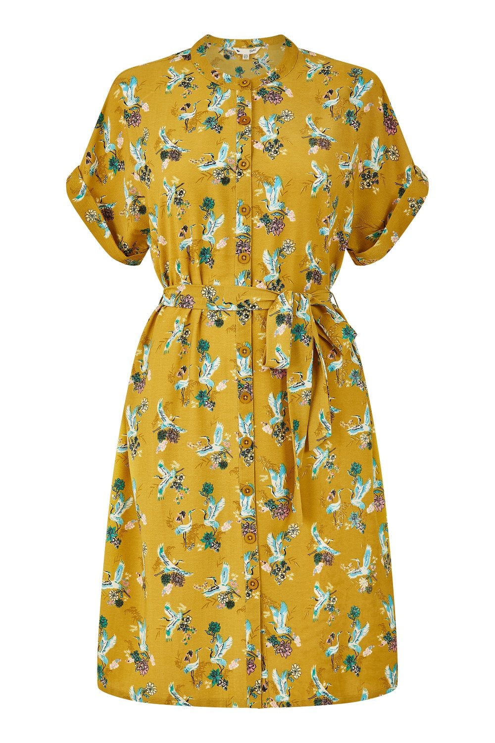 Yumi Mustard Crane Print Shirt Dress DRESS Yumi