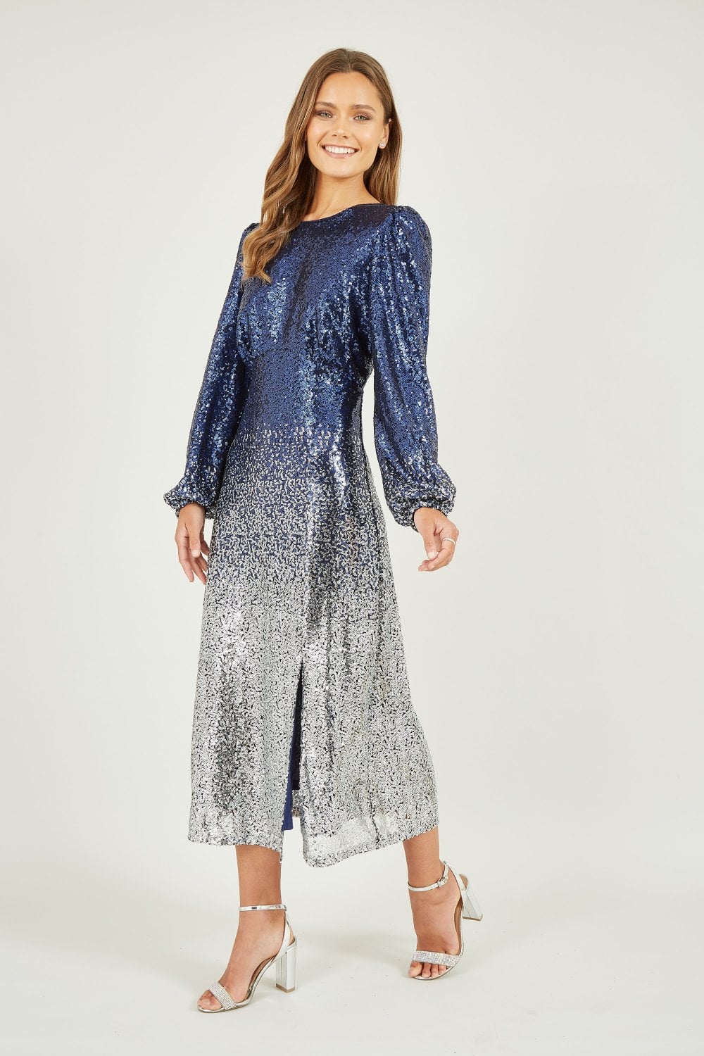 Yumi Navy and Silver Sequin Ombre Long Sleeve Midi Dress Yumi