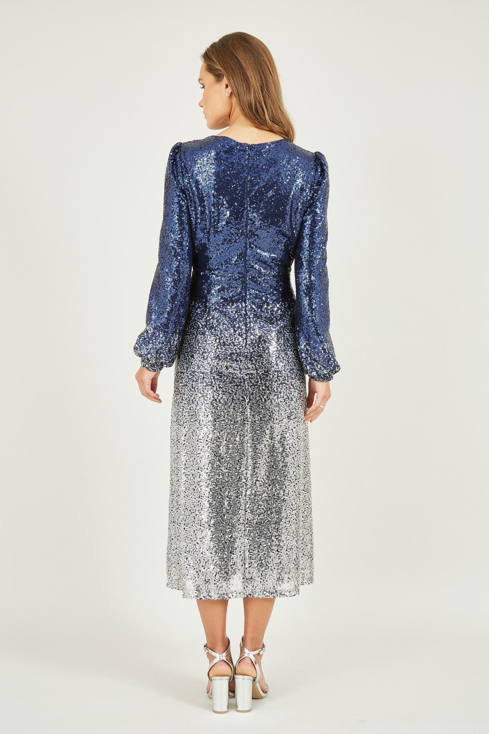 Yumi Navy and Silver Sequin Ombre Long Sleeve Midi Dress Yumi