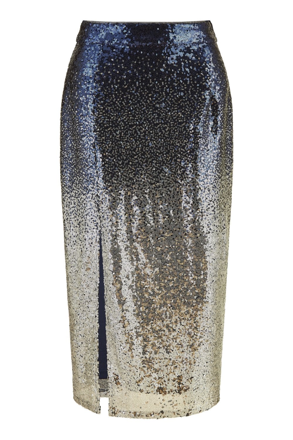 Yumi Navy And Silver Sequin Split Fitted Midi Skirt Yumi