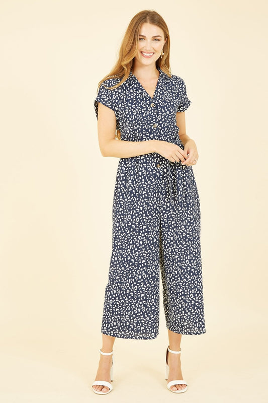 Navy Animal Print Drop Sleeve Relaxed Jumpsuit Yumi