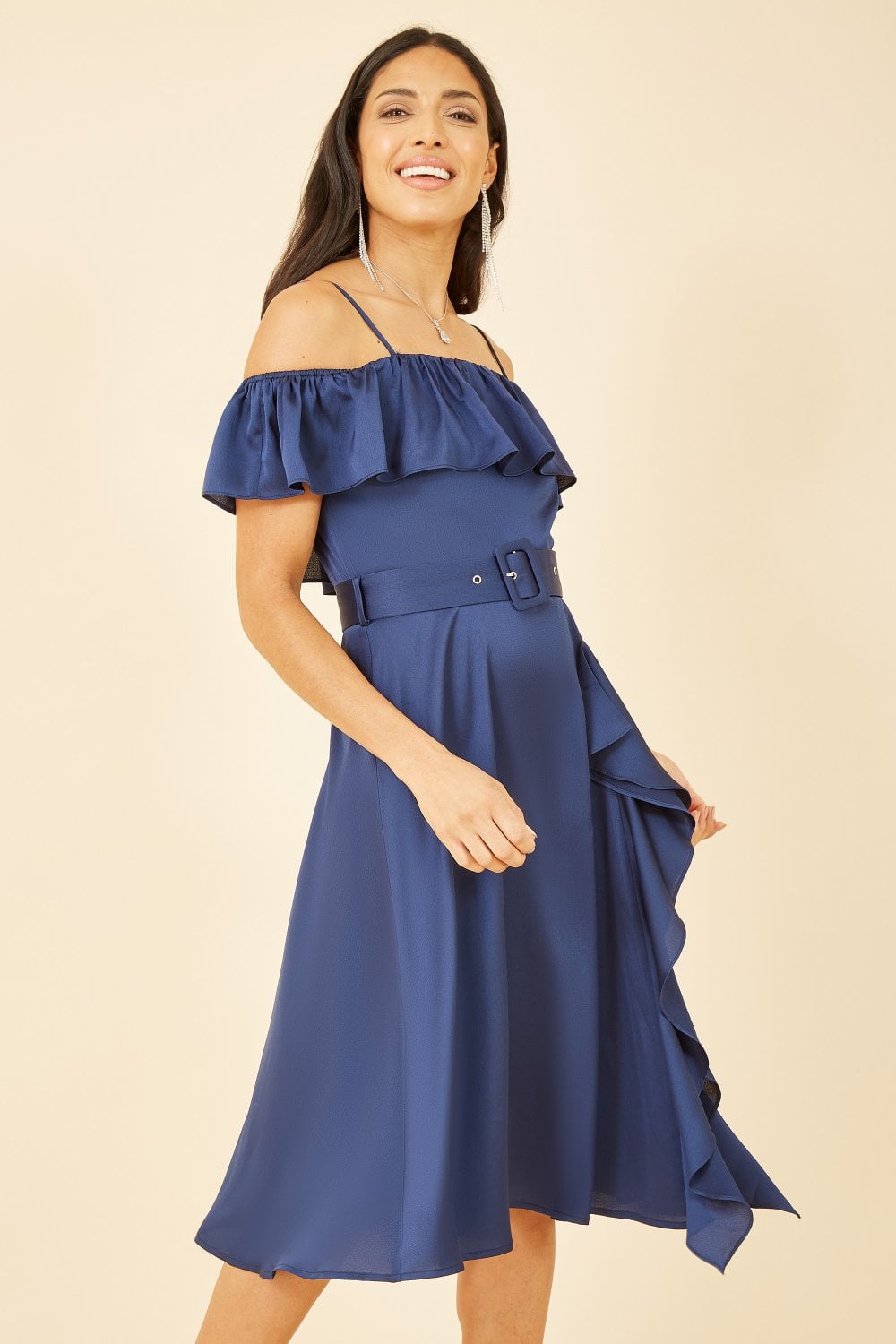 Yumi Navy Bardot Satin Frill Dress With Belt Yumi