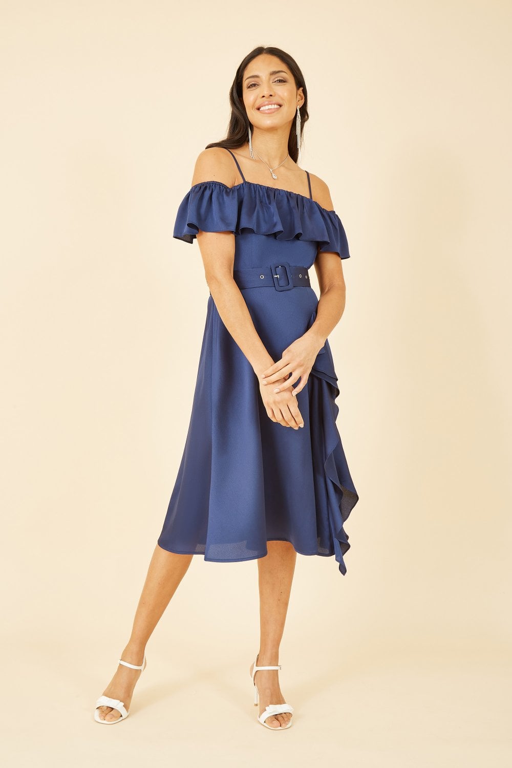 Yumi Navy Bardot Satin Frill Dress With Belt Yumi