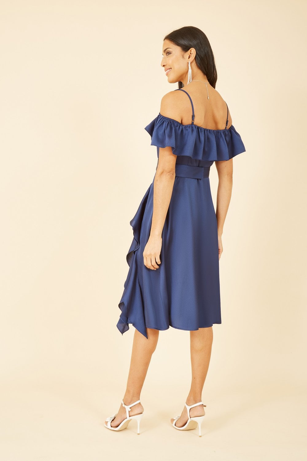 Yumi Navy Bardot Satin Frill Dress With Belt Yumi