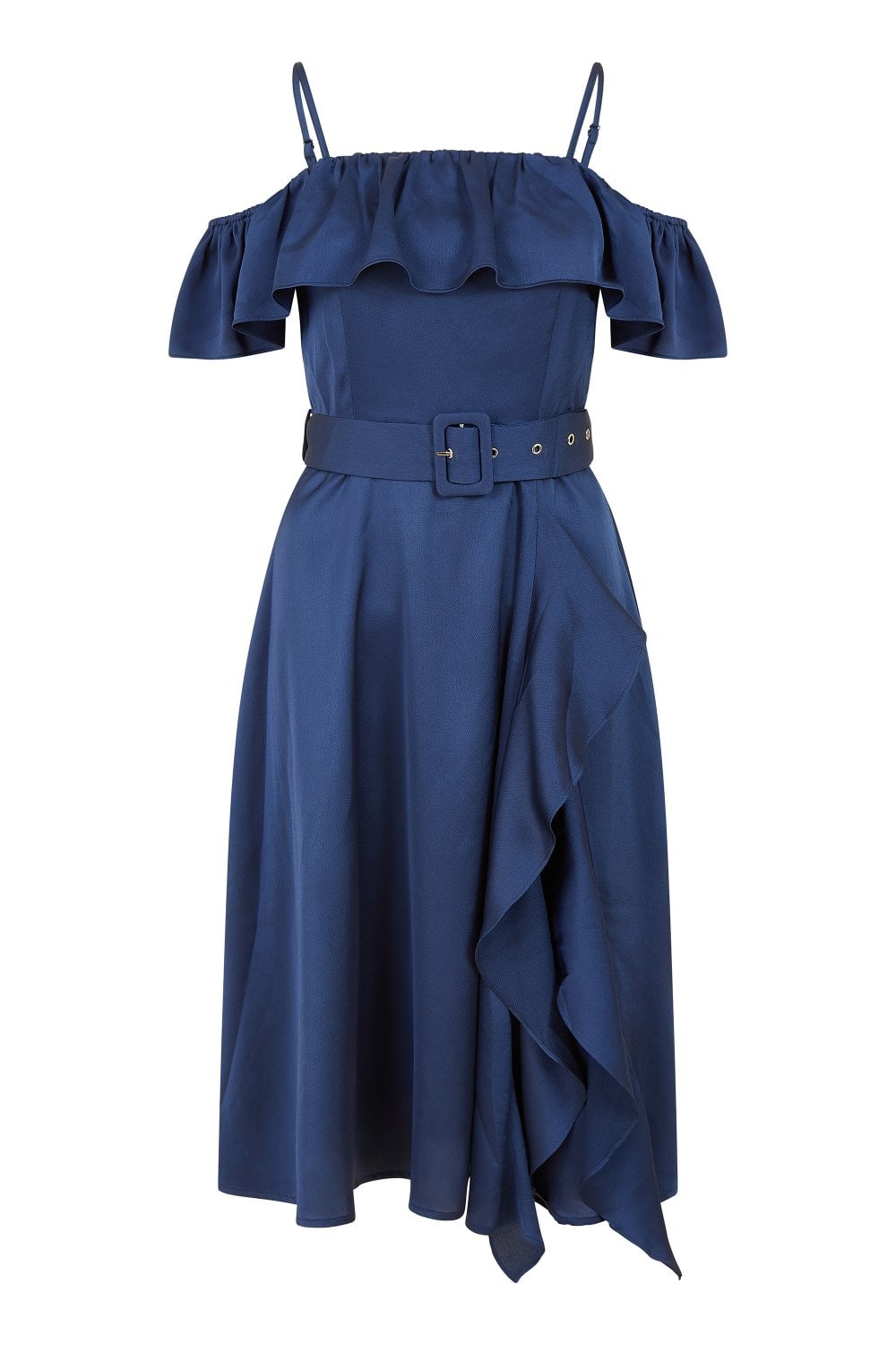 Yumi Navy Bardot Satin Frill Dress With Belt Yumi