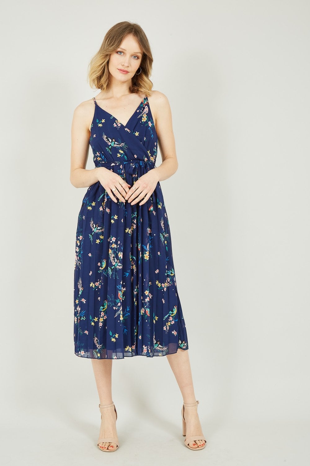 Yumi Navy Botanical Bird Print Pleat Dress Yumi