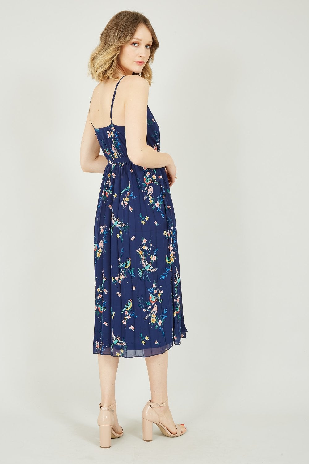 Yumi Navy Botanical Bird Print Pleat Dress Yumi