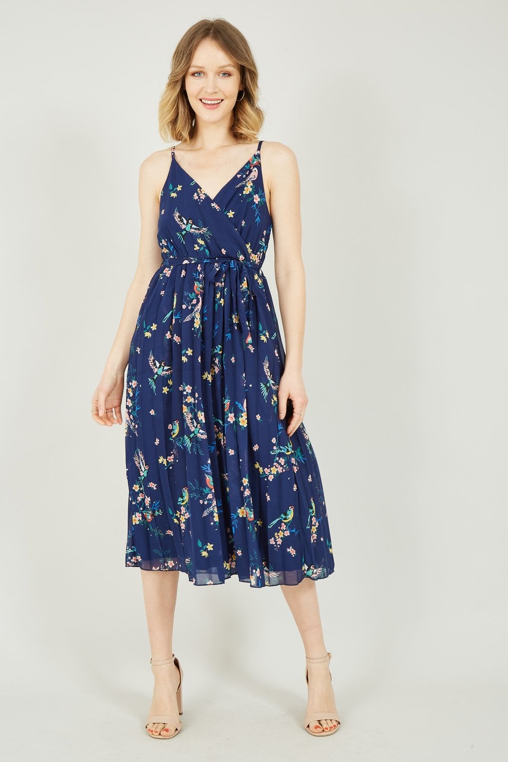 Yumi Navy Botanical Bird Print Pleat Dress Yumi