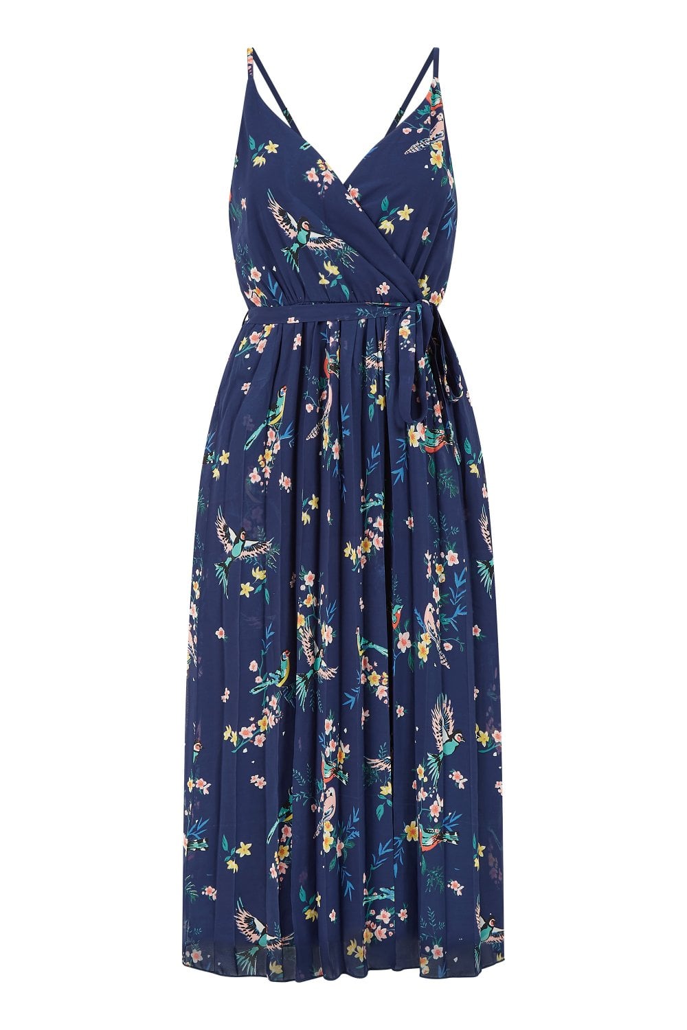 Yumi Navy Botanical Bird Print Pleat Dress Yumi