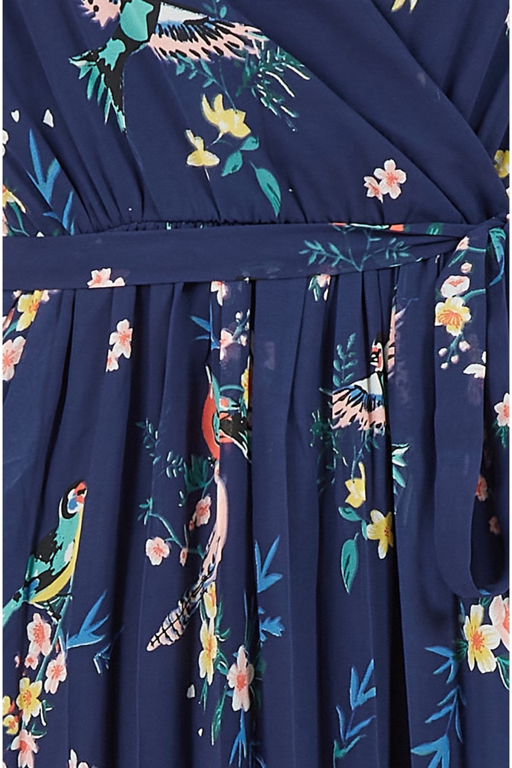 Yumi Navy Botanical Bird Print Pleat Dress Yumi