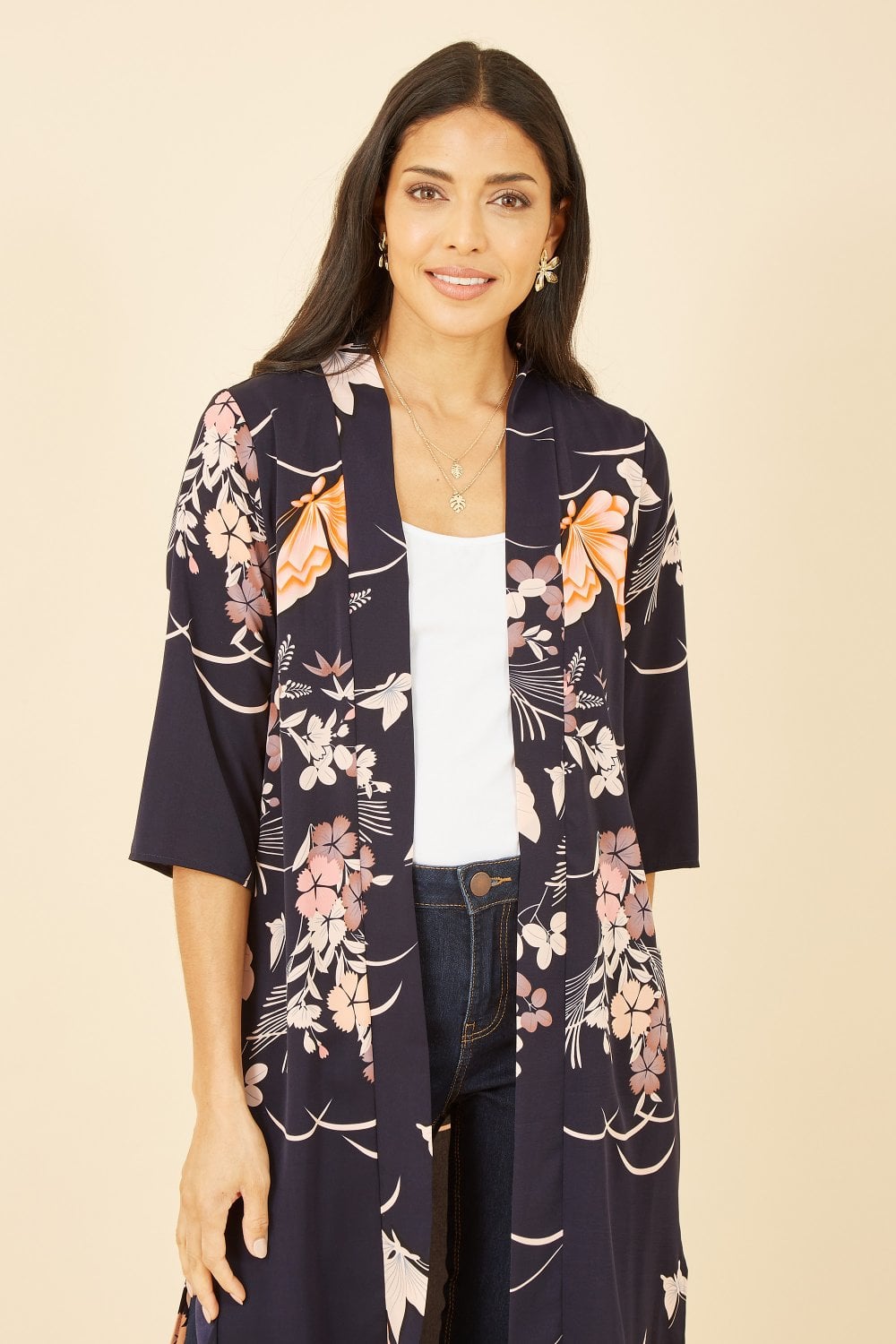 Yumi Navy Butterfly Print Long Kimono Yumi