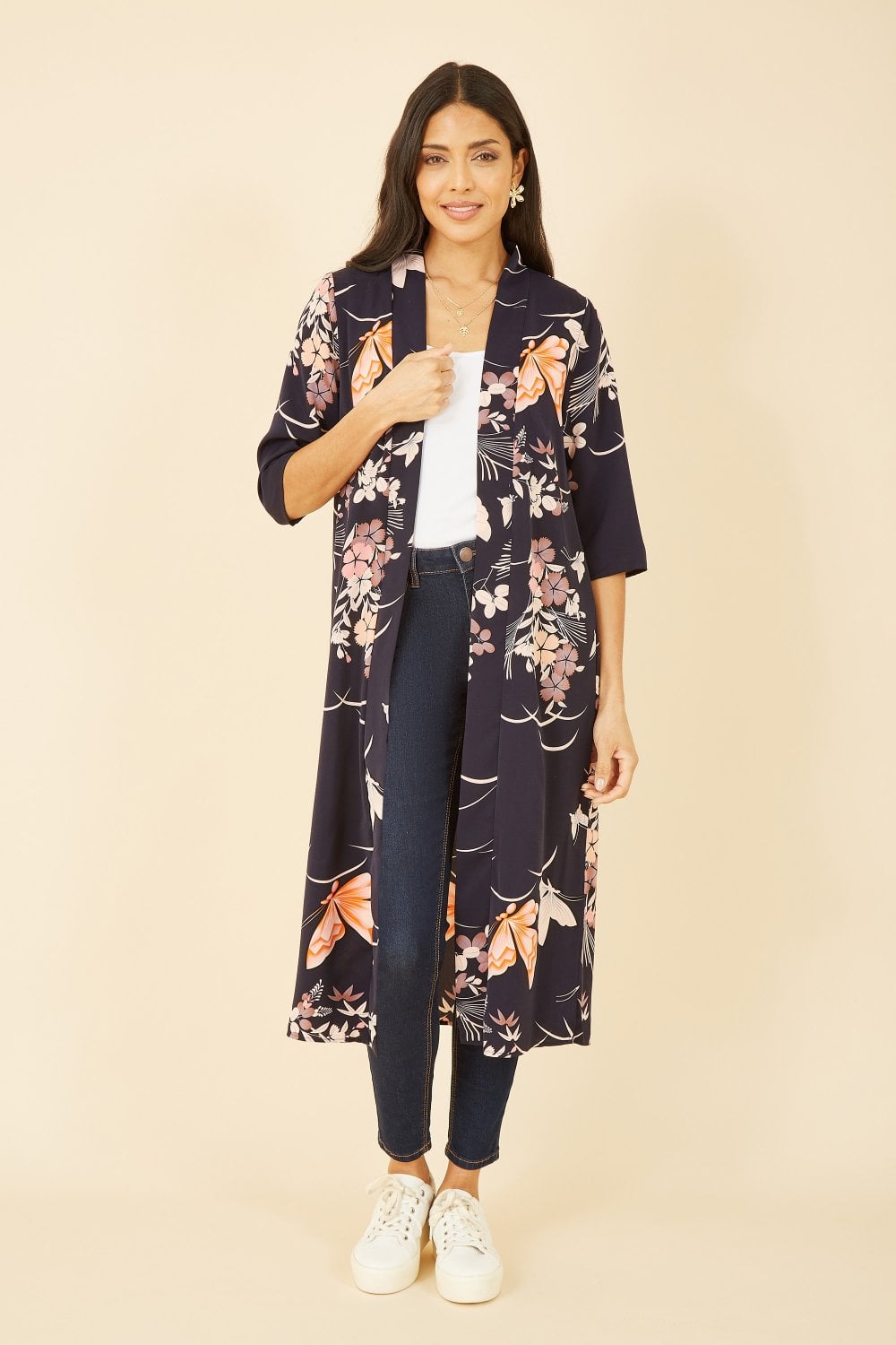 Yumi Navy Butterfly Print Long Kimono Yumi