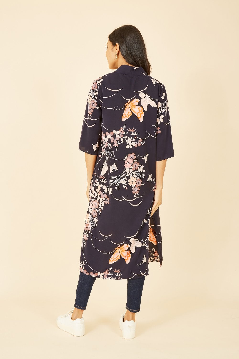 Yumi Navy Butterfly Print Long Kimono Yumi