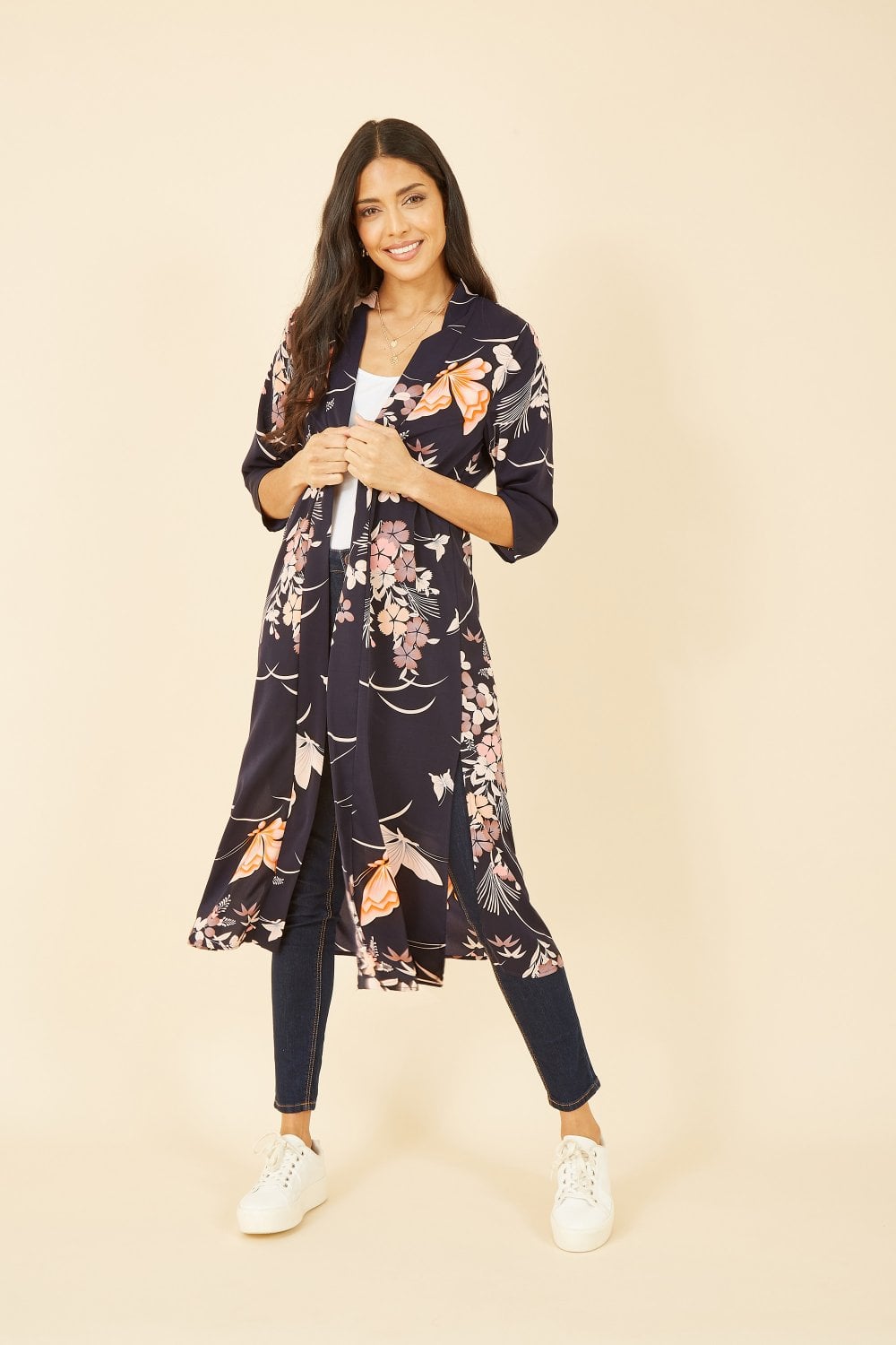 Yumi Navy Butterfly Print Long Kimono Yumi