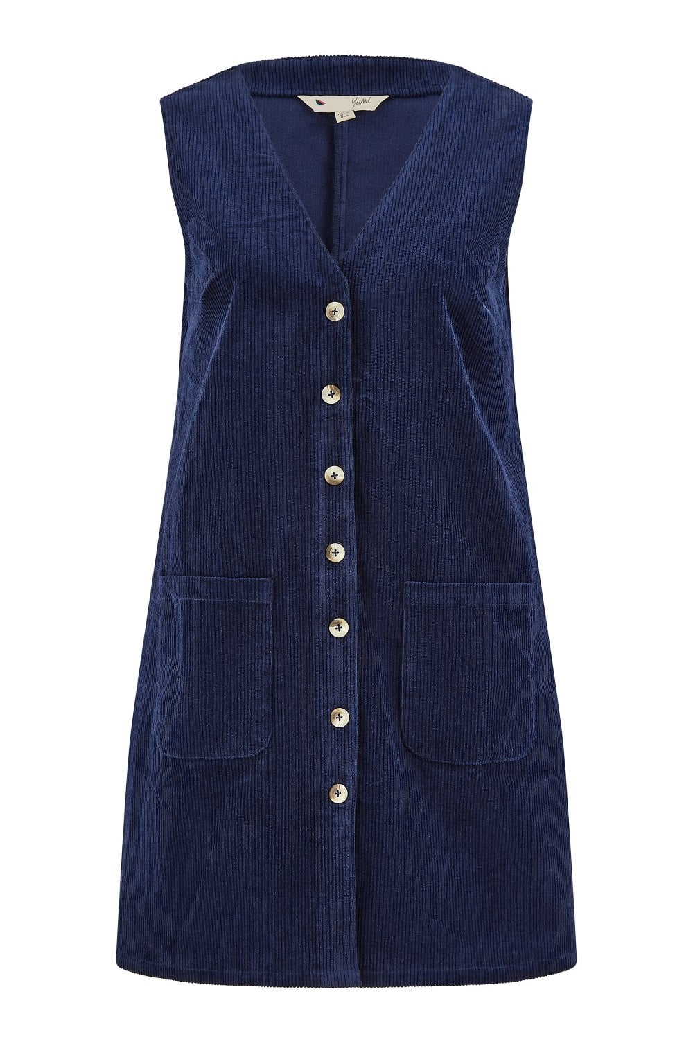 Yumi Navy Cord Button Through Pinafore Dress With Pockets Yumi