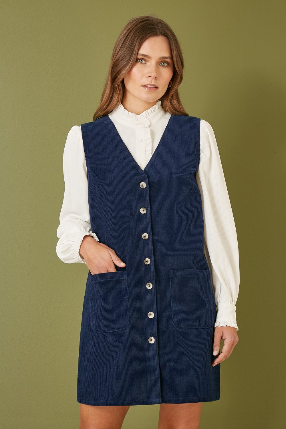 Yumi Navy Cord Button Through Pinafore Dress With Pockets Yumi