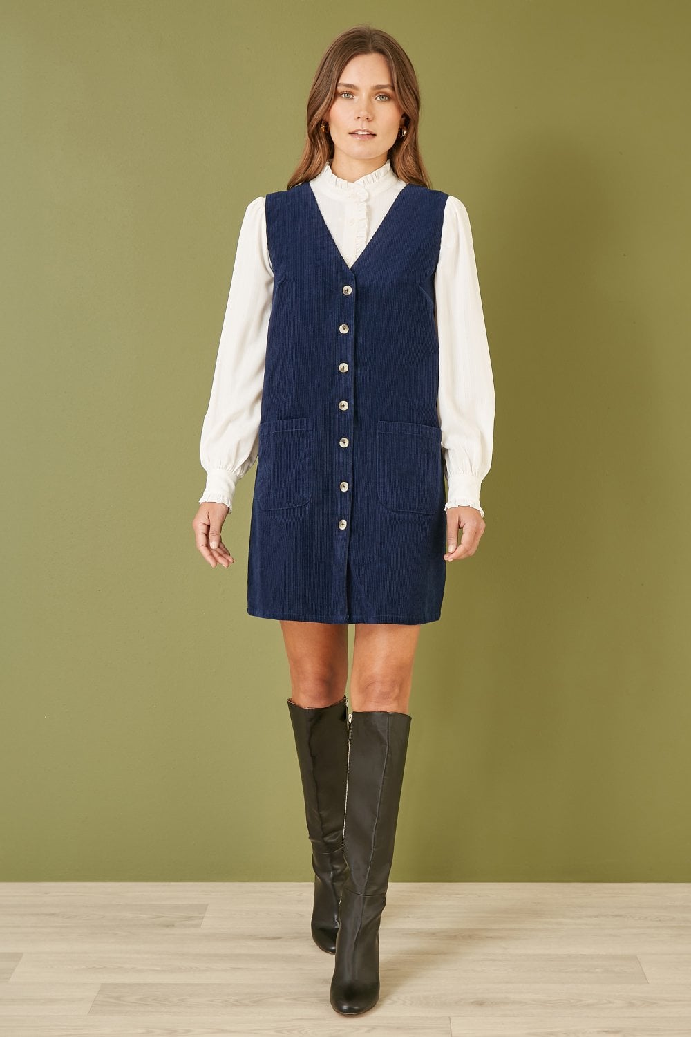 Yumi Navy Cord Button Through Pinafore Dress With Pockets Yumi