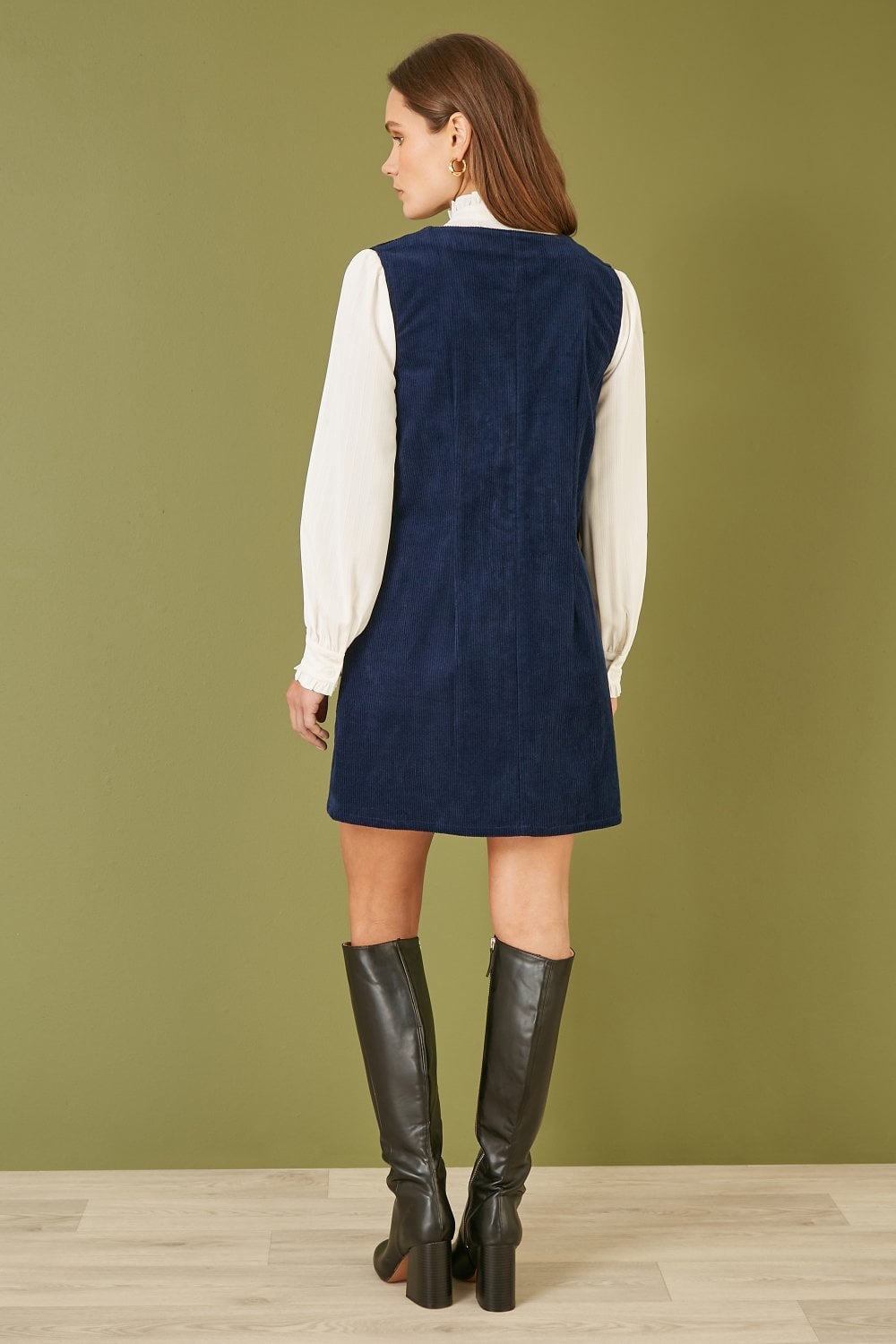 Yumi Navy Cord Button Through Pinafore Dress With Pockets Yumi