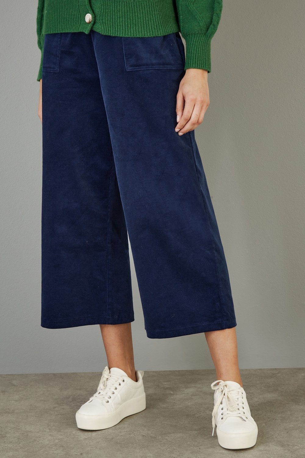 Yumi Navy Cord Cropped Wide Leg Trousers With Pockets Yumi