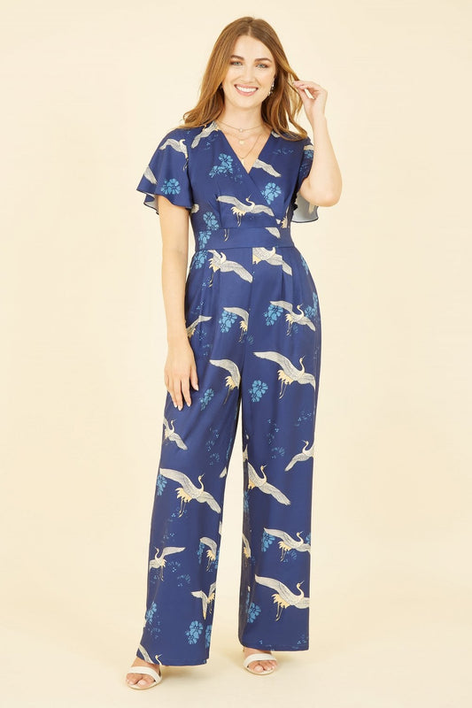 Yumi Navy Crane Print Angel Sleeve Jumpsuit Yumi