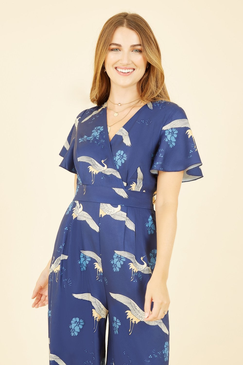 Yumi Navy Crane Print Angel Sleeve Jumpsuit Yumi