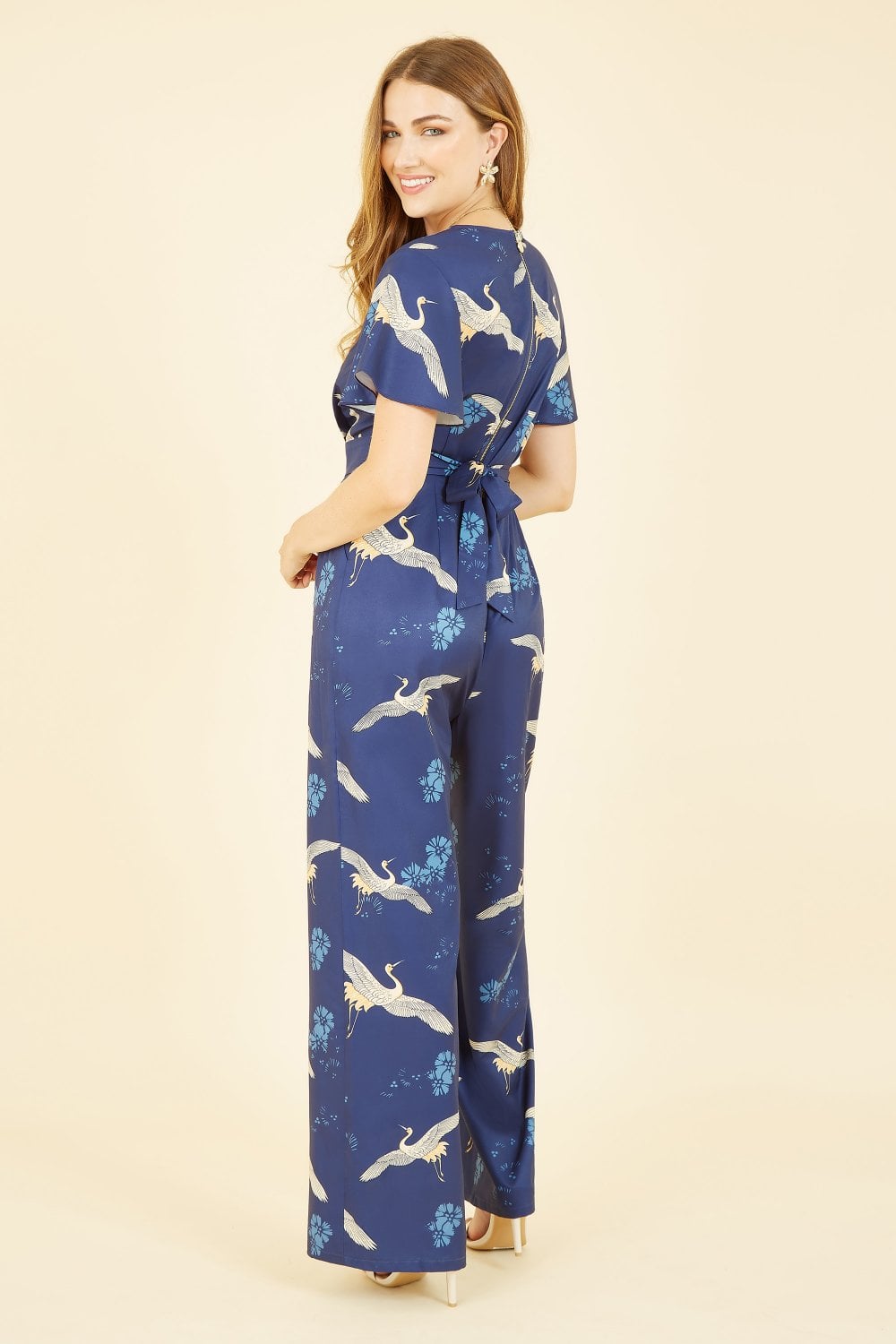 Yumi Navy Crane Print Angel Sleeve Jumpsuit Yumi